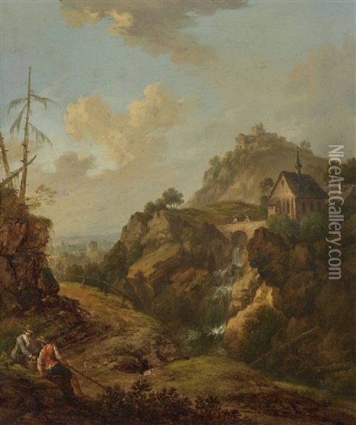 Ideal Rocky Landscape With A Chapel Over A Waterfall And A Castle Ruin Oil Painting - Christian Georg Schuetz the Elder