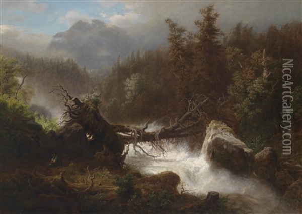 Wasserfall In Den Alpen Mit Figurlicher Staffage Oil Painting - Arnold Schulten