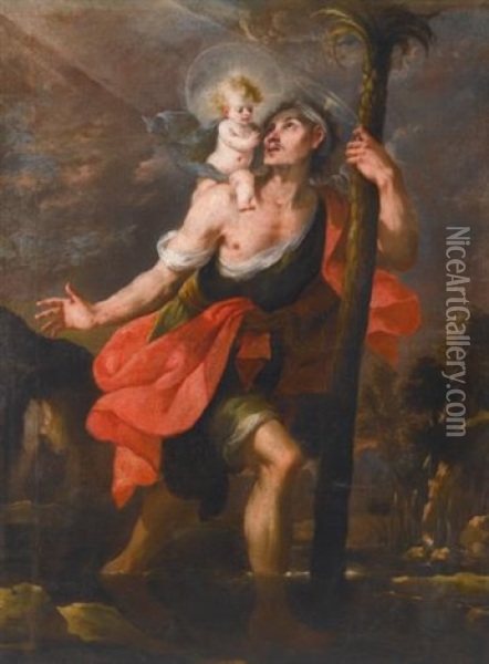Saint Christopher Carrying The Christ Child Oil Painting - Mateo Cerezo
