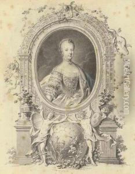 Portrait Of Queen Marie-antoinette In A Fictive Frame, Surroundedby An Arbour And With Allegorical Figures Of Germania And Galliaunited Below Oil Painting - Johann Esaias Nilson