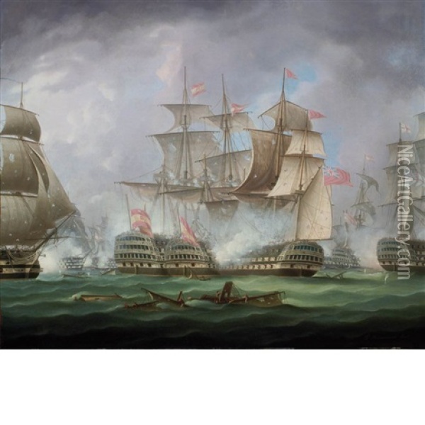 Nelson's Patent Bridge For Boarding First Rates At The Battle Of Cape St. Vincent, February 14 1797 Oil Painting - Thomas Buttersworth