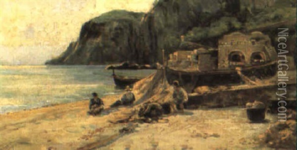 Pescatori A Capri Oil Painting - Antonio Maria de Reyna Manescau