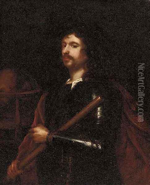 Portrait of a gentleman, small three-quarter-length, in armour and a red cloak Oil Painting - Robert Walker