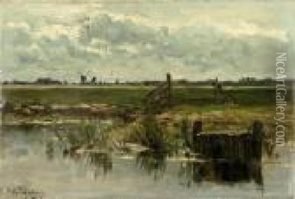 River Scene With Distant Windmill Oil Painting - Willem Roelofs