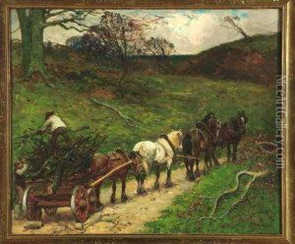 Lumbermen Loading Branches Onto A Four-team Cart Oil Painting - John Atkinson