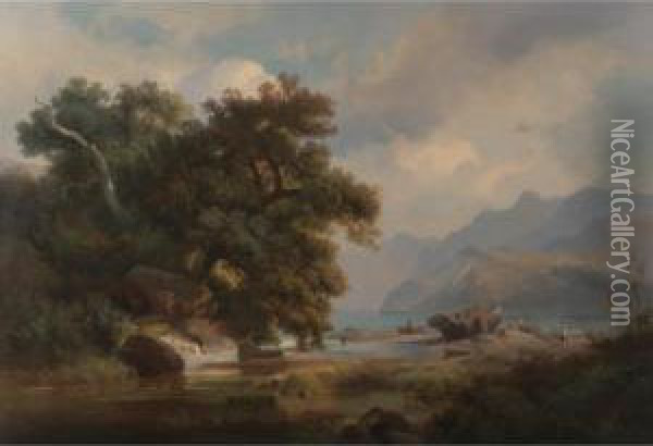 Net Menders In A River Landscape Oil Painting - Johann-Hermann Carmiencke