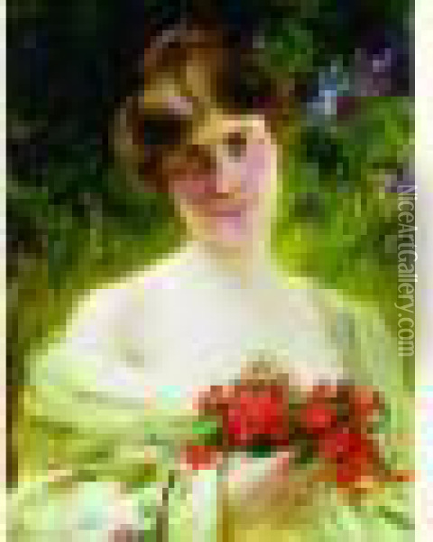 Jeune Femme Au Bouquet Rouge Oil Painting - Serkis Diranian