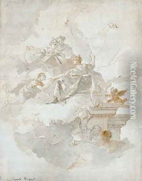 Etude de decor un homme agenouille devant une femme assise sur des nuages, quelques autres figures et un putto Oil Painting - Fabio Canal