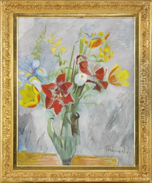 Blomsterstilleben Med Amaryllis Och Gula Tulpaner Oil Painting - Isaac Grunewald
