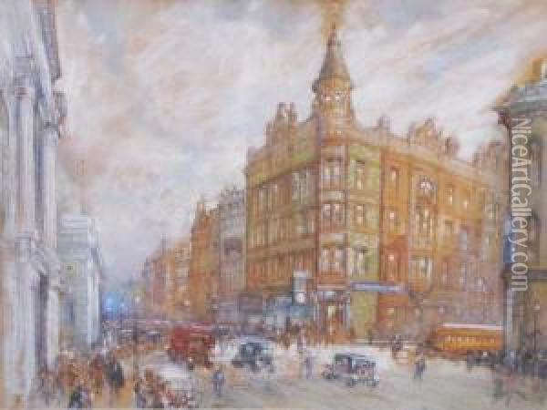 Downtown Scene, Autos, Trolley, Figures Oil Painting - John Albert Seaford