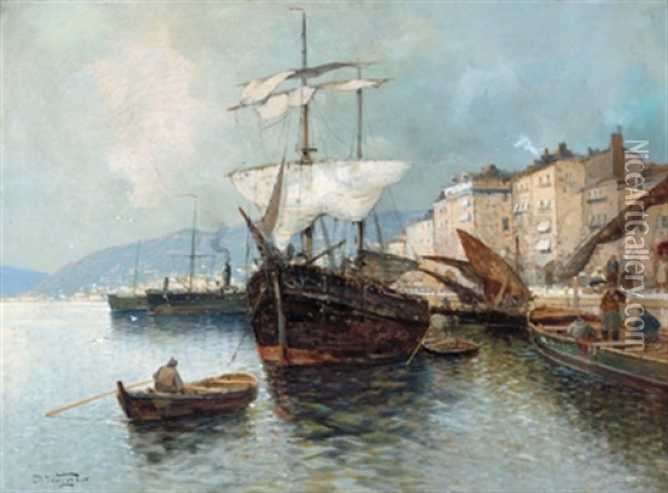 Italienischer Hafen Mit Fischerbooten Und Einem Dampfschiff Oil Painting - Georg Fischhof