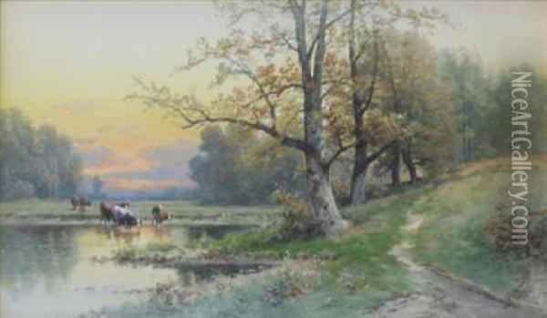 Landscape With Cattle Watering Oil Painting - Carl Weber