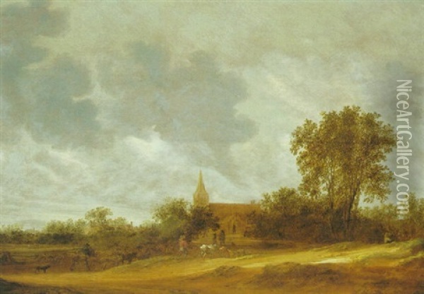 Landscape With Dunes, A Church Beyond And Figures Leading Cattle Oil Painting - Salomon van Ruysdael