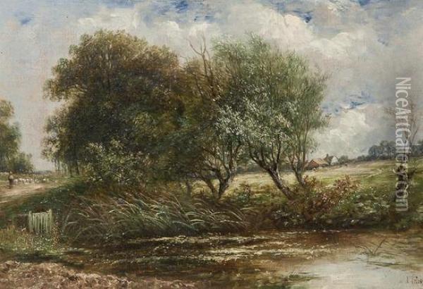 A Shepherd And His Flock Passing A Stream Oil Painting - Joseph Thors