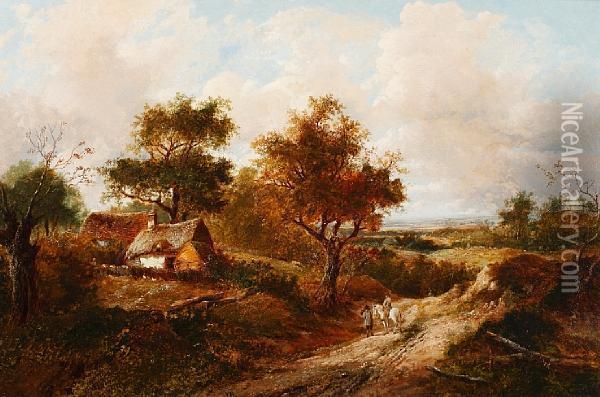 Extensive Country Landscape With Cottages,figures And Horse And Rider On A Track Oil Painting - Joseph Thors