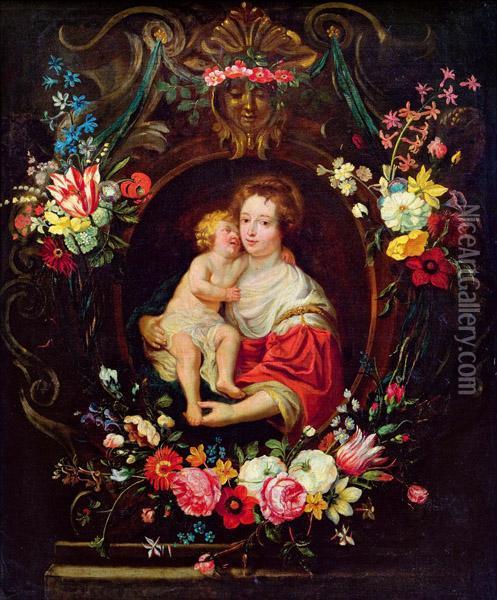 Madonna Mit Kind In Blumenkartusche Oil Painting - Frans Ykens