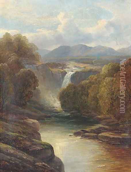 A waterfall in a river landscape Oil Painting - John Brandon Smith