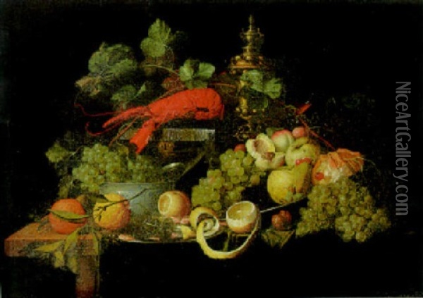 Grapes In A Bowl, Lobster On A Casket, Other Fruit About, Overturned Roemer On A Draped Table Oil Painting - Jan Davidsz De Heem