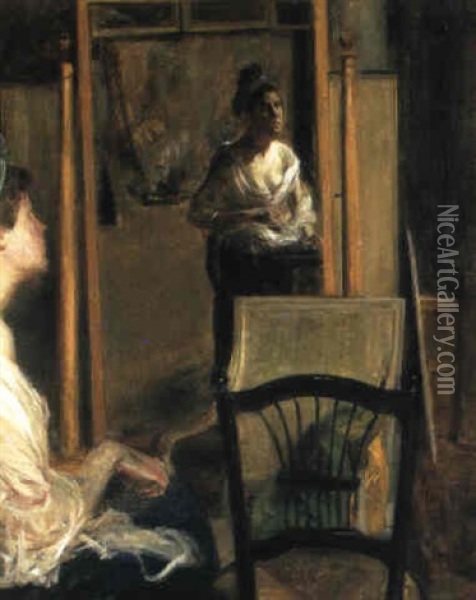 Young Woman Looking Into A Mirror Oil Painting - Jacques-Emile Blanche