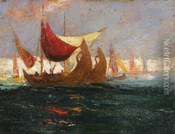 Boote Mit Rotem Segel Auf Dem Bosporus Oil Painting - Charles Henri Gaston Dagnac-Riviere