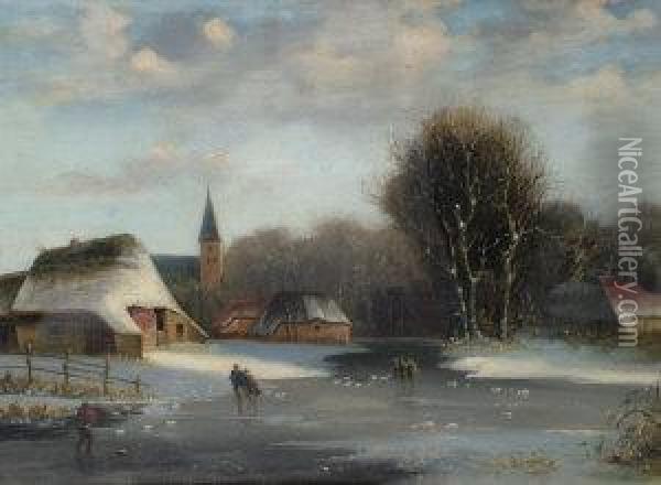 Manner Of Frederik Marianus 
Kruseman- Figures On A Frozen River With A Church And Cottages In A 
Dutch Winter Landscape Oil Painting - Frederik Marianus Kruseman