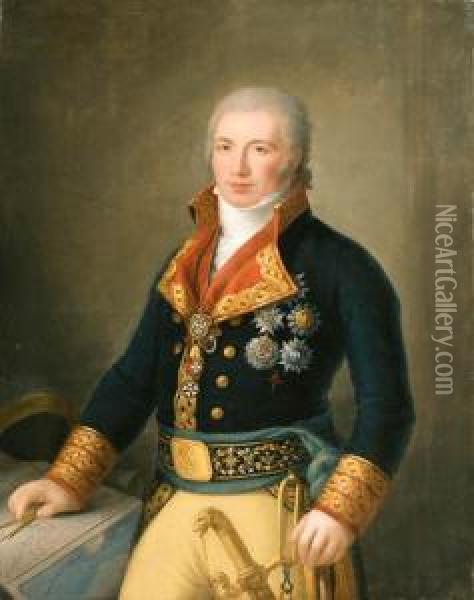 Portrait Of Don Manuel Godoy, 
Duque De Alcudia, Principe De La Paz,standing Three-quarter Length, 
Wearing A Blue Uniform With Theorder Of The Golden Fleece, Pointing At 
Maps Of The Straits Ofgibraltar And The New Indies Oil Painting - Augustin Esteve