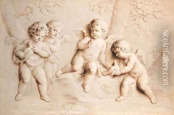 Putti with doves in a landscape - en grisaille Oil Painting - Jacob de Wit