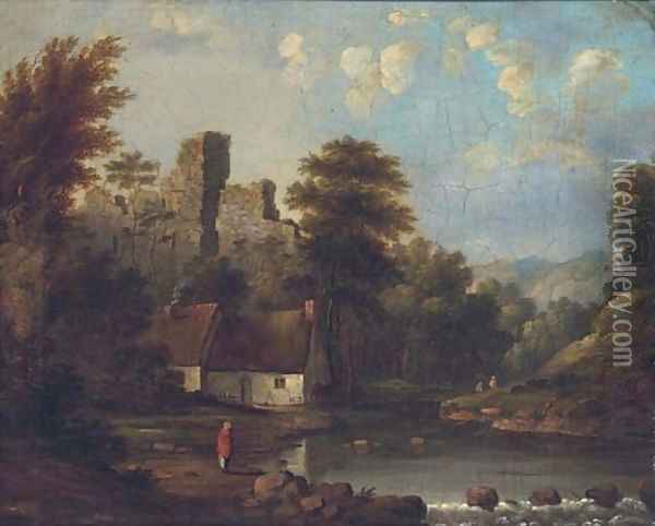 Figures by a riverside cottage, a castle ruin beyond Oil Painting - Robert Gibb