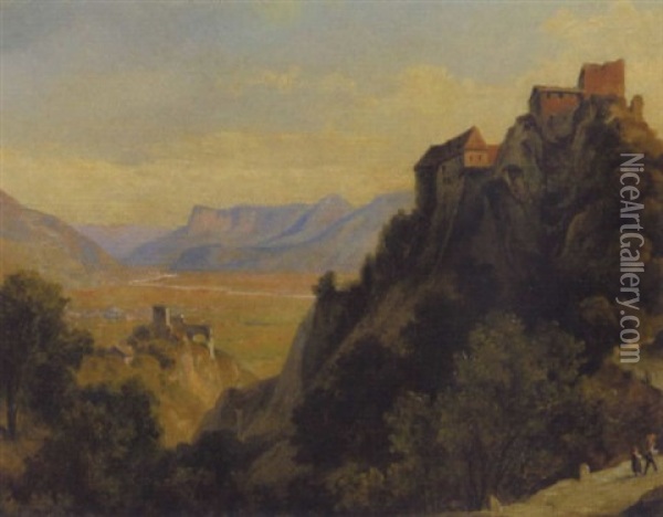 Schloss Tirol Und Die Brunnenburg Mit Meran Und Der Mendelspitze Oil Painting - Edmund von Woerndle zu Adelsfried und Weiherburg