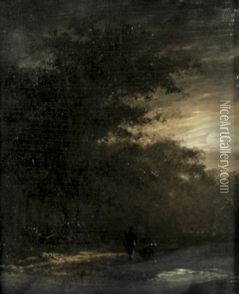 Nachtliche Waldlandschaft Mit Zwei Wanderern An Einem Teich Oil Painting - Andreas Schelfhout