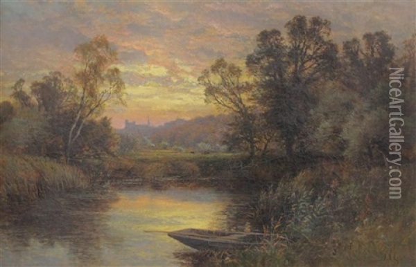 On The River Arun, Arundel Castle In The Distance Oil Painting - Alfred Augustus Glendening Sr.