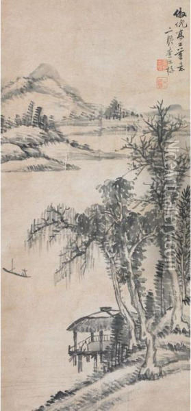 Landscape In Style Of Ni Yunlin Oil Painting - Zha Shibiao