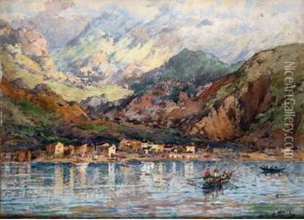 Village De Pecheurs Au Bord D'un Lac Italien. Oil Painting - William Georges Thornley