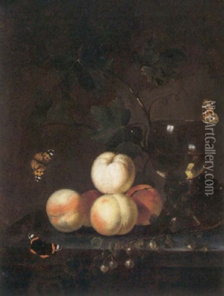Still Life Of Peaches, Grapes, Vine Leaves And A Roemer, Arranged Upon A Stone Table Top, Together With Red Butterflies Oil Painting - Abraham Van Calraet