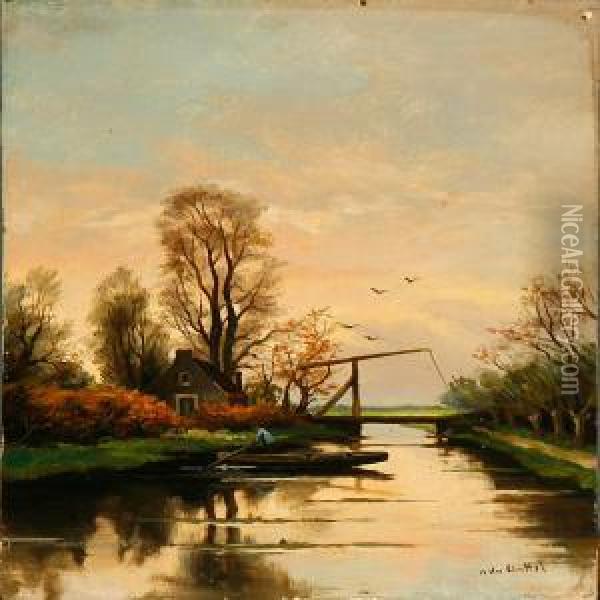 Evening Atmosphere Near An Old Wood Bridge At A Canal Inholland Oil Painting - Fredericus Jacobus Van Rossum Du Chattel