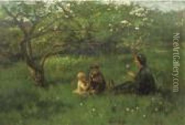 In The Orchard: Blowing Dandelions Oil Painting - Jacob Simon Hendrik Kever