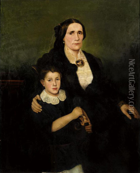 Portrait Of Argiro Zerlentis (nee Maximou) With Her Son Pericles Oil Painting - Nicholaos Kounelakis