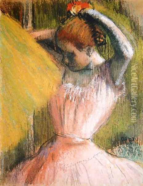 Dancer arranging her hair, c.1900-12 Oil Painting - Edgar Degas