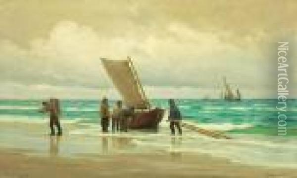 Costal Scene With Fishermen 
Landing Their Boat At The Beach. Signed Carl Locher, Skagen 1906 Oil Painting - Carl Locher