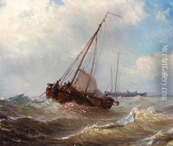 Visserboot Op Woelig Water Oil Painting - Petrus Paulus Schiedges