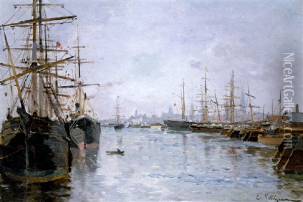 Hafenszene Mit Grosseglern In Antwerpen Oil Painting - Edmond Marie Petitjean