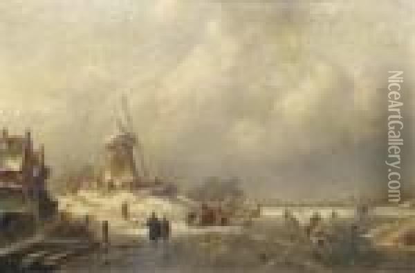 Figures And A Koek En Zopie On The Ice By A Windmill Oil Painting - Charles Henri Leickert