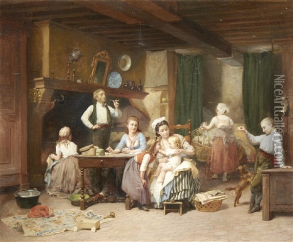 Family Time Oil Painting - Charles Auguste Romain Lobbedez