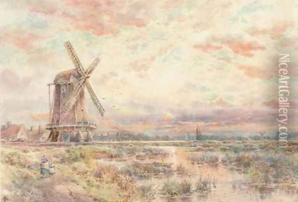 A windmill on the Fens at dusk Oil Painting - Charles Frederick Allbon