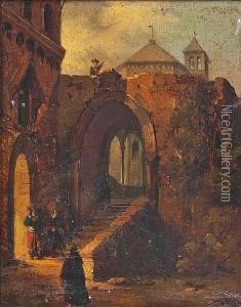 Cavaliers At The Gate Of A Medieval Town Oil Painting - Giovanni Migliara