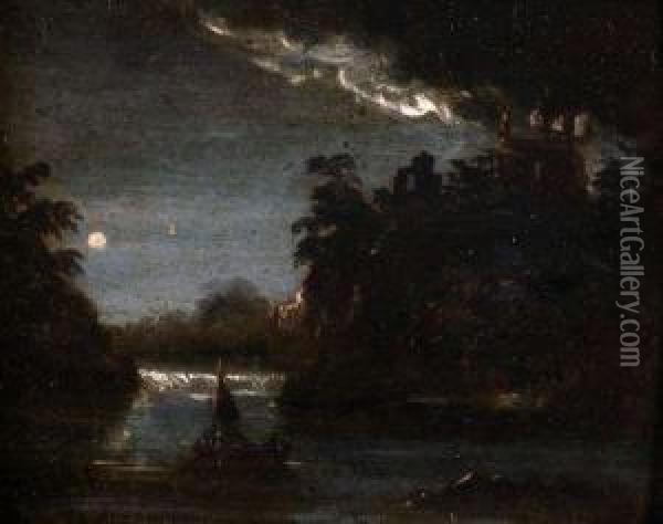 A Moonlit River Landscape With Boats Oil Painting - Abraham Pether