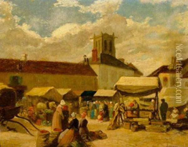 La Place Du Marche A Pont-audemer Oil Painting - Gustave Francois Lasellaz