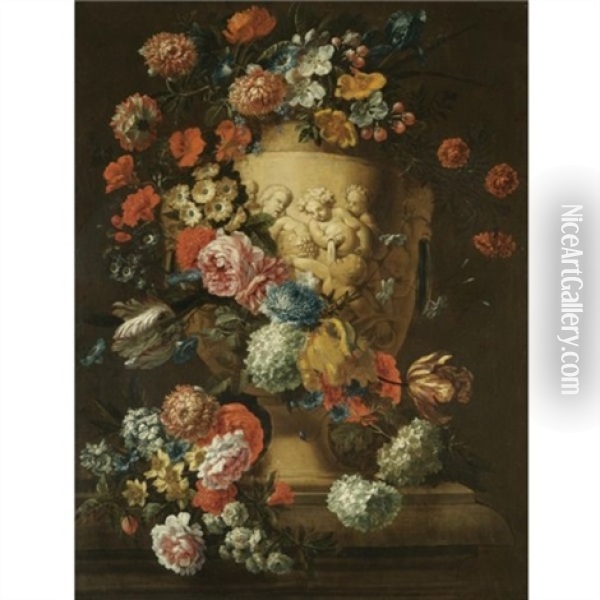 A Still Life With A Sculpted Urn Depicting Carousing Putti, Decorated With A Garland Of Flowers Oil Painting - Jan-Baptiste Bosschaert