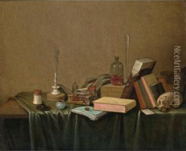 A Vanitas Still Life Of Books, A Candlestick, An Ink Well, An Hour-glass, A Glass Bottle, A Flute, A Skull And Other Objects, All On A Table Draped With A Green Cloth Oil Painting - Gerrit Van Vucht