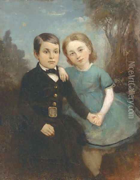 Portrait of two children, full-length, the girl in a blue dress and the boy in a black suit, in a landscape Oil Painting - English School